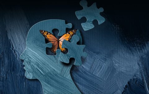 Graphic Abstract Butterfly breaks free puzzled mind Background